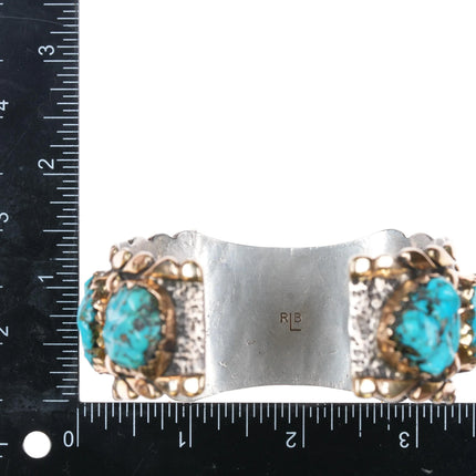 7.2" 14k/Sterling Robert and Bernice Leekya watch cuff bracelet carved turquoise - Estate Fresh Austin
