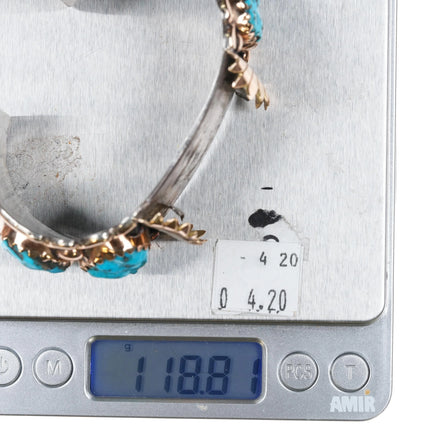 7.2" 14k/Sterling Robert and Bernice Leekya watch cuff bracelet carved turquoise - Estate Fresh Austin