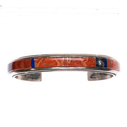 6.35" Navajo sterling silver Sponge coral Lapis channel inlay cuff bracelet - Estate Fresh Austin