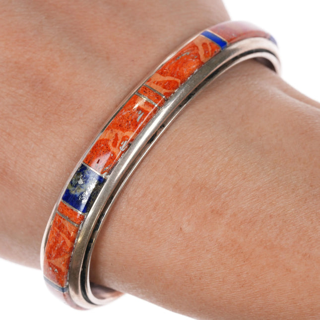 6.35" Navajo sterling silver Sponge coral Lapis channel inlay cuff bracelet - Estate Fresh Austin