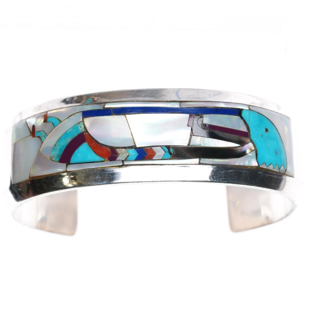 7.12" southwestern Sterling silver intarsia inlay Kokopelli cuff bracelet - Estate Fresh Austin