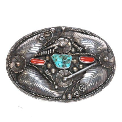 Large 60's-70's FJ Navajo sterling silver, turquoise, and coral belt buckle - Estate Fresh Austin