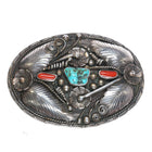 Large 60's-70's FJ Navajo sterling silver, turquoise, and coral belt buckle - Estate Fresh Austin