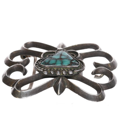 c1960's Vintage Navajo cast sterling silver belt buckle with spiderweb turquoise - Estate Fresh Austin