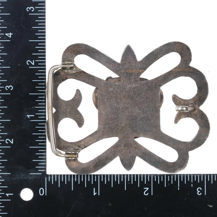 c1960's Vintage Navajo cast sterling silver belt buckle with spiderweb turquoise - Estate Fresh Austin