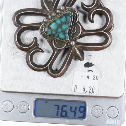 c1960's Vintage Navajo cast sterling silver belt buckle with spiderweb turquoise - Estate Fresh Austin