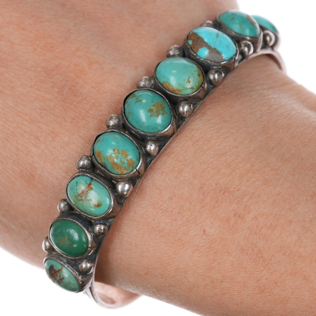 6.5" 20's-30's Navajo Ingot silver 9 stone turquoise cuff bracelet stamped sides - Estate Fresh Austin
