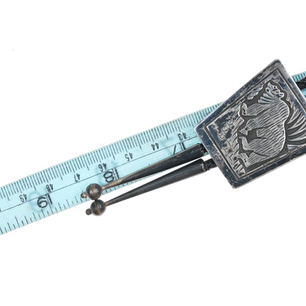 1970's Vintage Navajo sterling silver carved bear overlay bolo tie - Estate Fresh Austin
