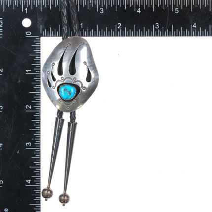 70's-80's Vintage Navajo sterling silver bear paw shadowbox bolo tie w/turquoise - Estate Fresh Austin