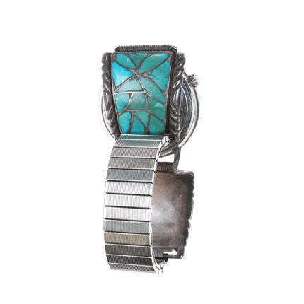 Alice Leekya Homer Zuni Sterling silver turquoise fishscale inlay Accutron watch - Estate Fresh Austin