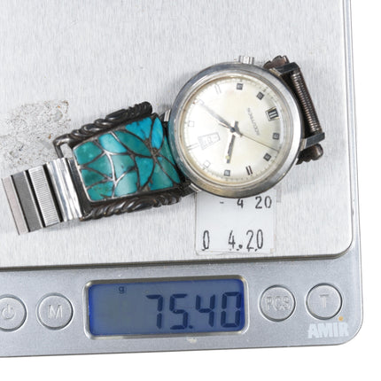Alice Leekya Homer Zuni Sterling silver turquoise fishscale inlay Accutron watch - Estate Fresh Austin