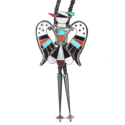 c1970 Large Zuni Bobby and Corraine Shack sterling silver thunderbird bolo tie - Estate Fresh Austin