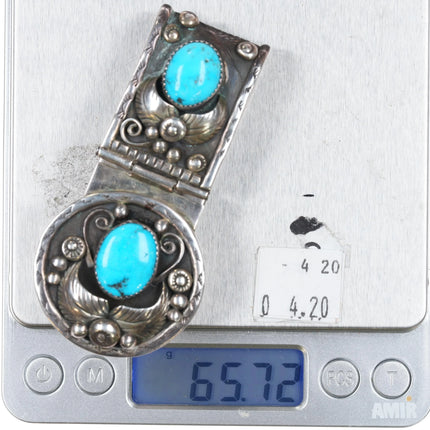 Vintage H Navajo sterling silver and turquoise heavy hinged money clip - Estate Fresh Austin