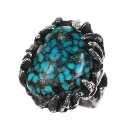 sz9.75 c1970's Huge Black Web Kingman turquoise brutalist sterling silver ring - Estate Fresh Austin