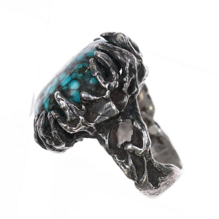 sz9.75 c1970's Huge Black Web Kingman turquoise brutalist sterling silver ring - Estate Fresh Austin