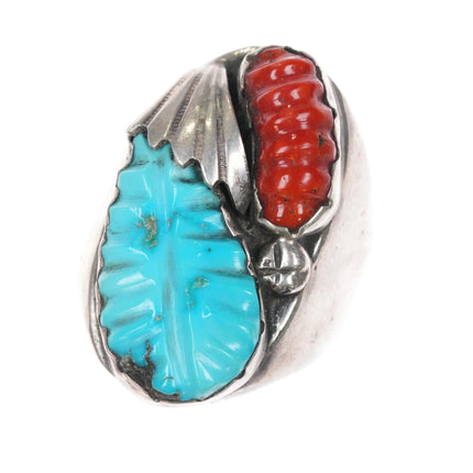 sz12 Large Loyolita Tsatte Zuni sterling silver carved turquoise/coral ring - Estate Fresh Austin