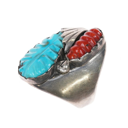 sz12 Large Loyolita Tsatte Zuni sterling silver carved turquoise/coral ring - Estate Fresh Austin