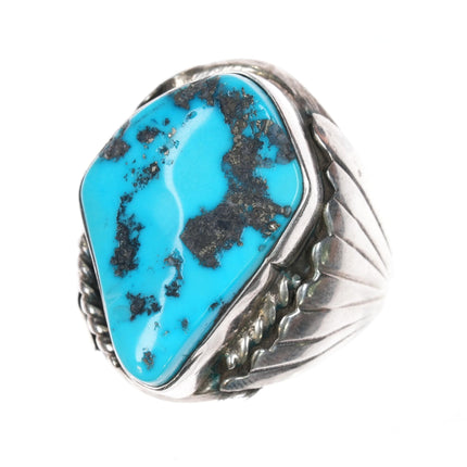 sz10.75 Navajo Sterling silver large carved Kingman turquoise ring - Estate Fresh Austin
