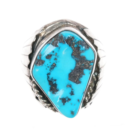 sz10.75 Navajo Sterling silver large carved Kingman turquoise ring - Estate Fresh Austin