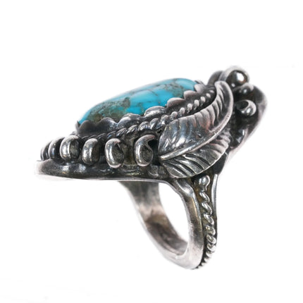 sz8 c1970's Navajo sterling silver feather ring with nice turquoise - Estate Fresh Austin