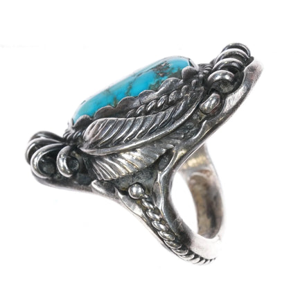 sz8 c1970's Navajo sterling silver feather ring with nice turquoise - Estate Fresh Austin