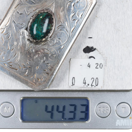 c1960's Vintage sterling silver hand engraved belt buckle with chrysocolla - Estate Fresh Austin