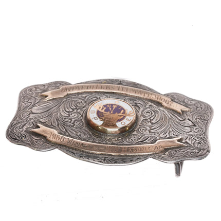c1960 10k gold/hand engraved sterling silver Karl Klein Elks Shoot belt buckle - Estate Fresh Austin
