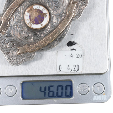 c1960 10k gold/hand engraved sterling silver Karl Klein Elks Shoot belt buckle - Estate Fresh Austin