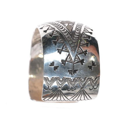 6.6" Navajo sterling silver rug pattern convex sterling silver cuff bracelet - Estate Fresh Austin