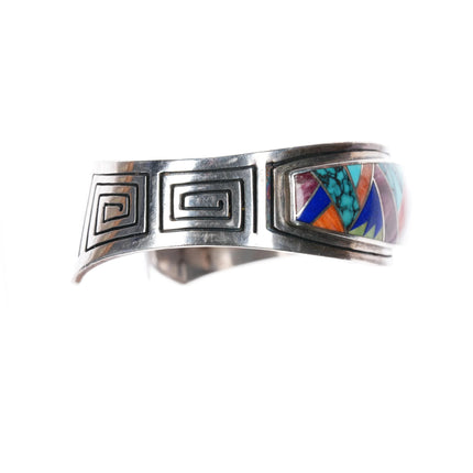 6.5" Julius Burbank Navajo sterling silver multi-stone inlay cuff bracelet - Estate Fresh Austin