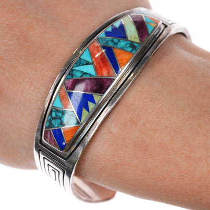 6.5" Julius Burbank Navajo sterling silver multi-stone inlay cuff bracelet - Estate Fresh Austin