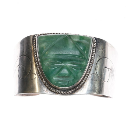 7.625" 40's Mexican Sterling Silver Carved Hardstone cuff bracelet - Estate Fresh Austin