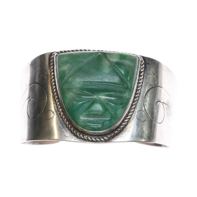 7.625" 40's Mexican Sterling Silver Carved Hardstone cuff bracelet - Estate Fresh Austin