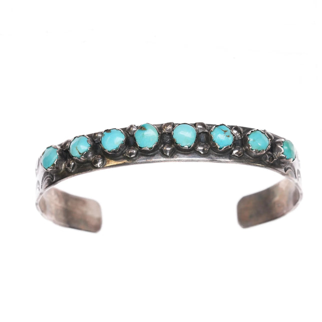7" 40's-50's Zuni carved turquoise row cuff bracelet w/nice deep stamped sides - Estate Fresh Austin