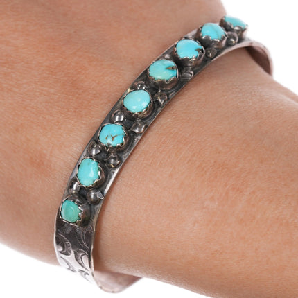 7" 40's-50's Zuni carved turquoise row cuff bracelet w/nice deep stamped sides - Estate Fresh Austin
