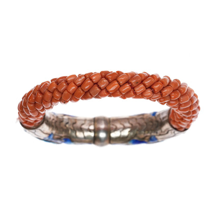 Antique Chinese Republic period silver enamel coral beads dragon bangle bracelet - Estate Fresh Austin