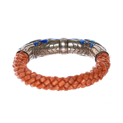 Antique Chinese Republic period silver enamel coral beads dragon bangle bracelet - Estate Fresh Austin