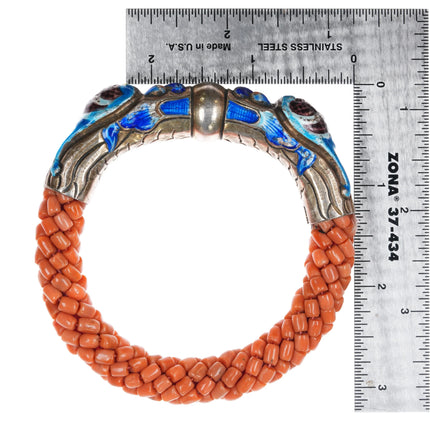 Antique Chinese Republic period silver enamel coral beads dragon bangle bracelet - Estate Fresh Austin