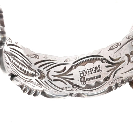 7.25" Ben Begaye Navajo interior stamped silver cuff bracelet w/ nice turquoise - Estate Fresh Austin