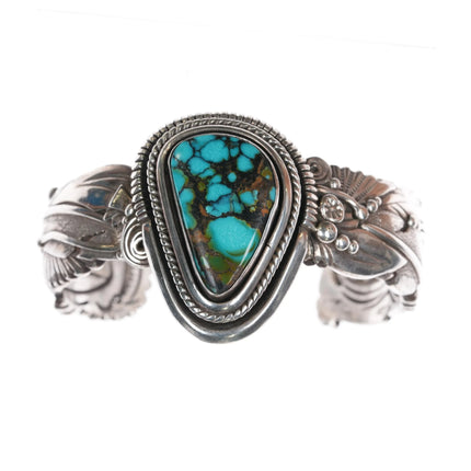 7.25" Ben Begaye Navajo interior stamped silver cuff bracelet w/ nice turquoise - Estate Fresh Austin