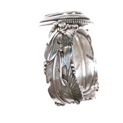 7.25" Ben Begaye Navajo interior stamped silver cuff bracelet w/ nice turquoise - Estate Fresh Austin