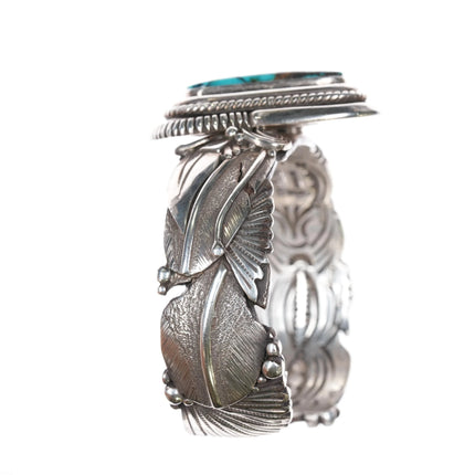 7.25" Ben Begaye Navajo interior stamped silver cuff bracelet w/ nice turquoise - Estate Fresh Austin