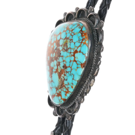 c1980 Benny Apachito Navajo silver red webbed Kingman turquoise bolo tie - Estate Fresh Austin