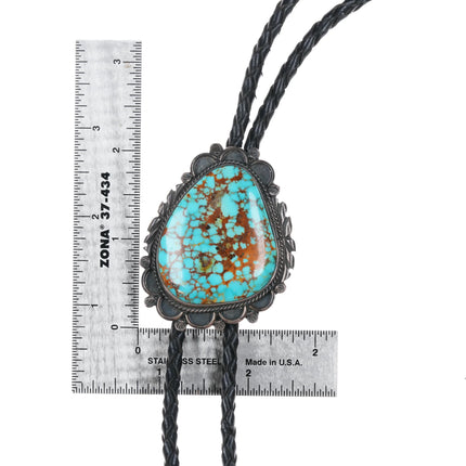 c1980 Benny Apachito Navajo silver red webbed Kingman turquoise bolo tie - Estate Fresh Austin