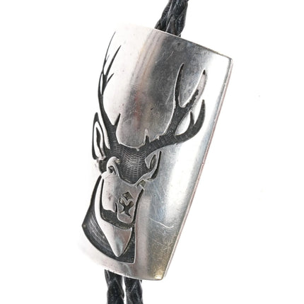 c1960's Bernard Dawahoya Hopi Overlay bolo tie Deer sterling silver - Estate Fresh Austin