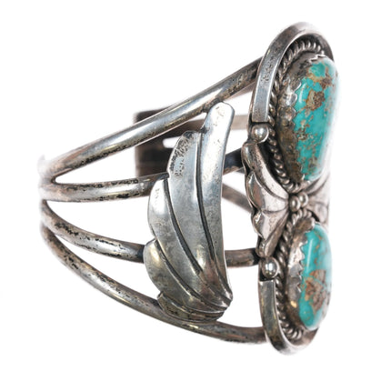 6.6" Vintage Navajo Sterling silver large two turquoise cuff bracelet - Estate Fresh Austin