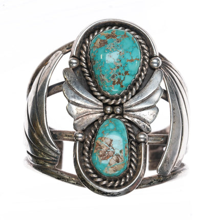 6.6" Vintage Navajo Sterling silver large two turquoise cuff bracelet - Estate Fresh Austin