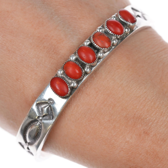 6.9" Vintage Navajo Heavily stamped sterling silver coral row cuff bracelet - Estate Fresh Austin