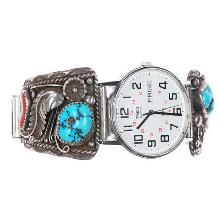 7" SC Navajo 70's-80's Sterling silver watch tips w/turquoise/coral - Estate Fresh Austin