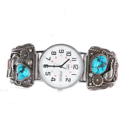 7" SC Navajo 70's-80's Sterling silver watch tips w/turquoise/coral - Estate Fresh Austin